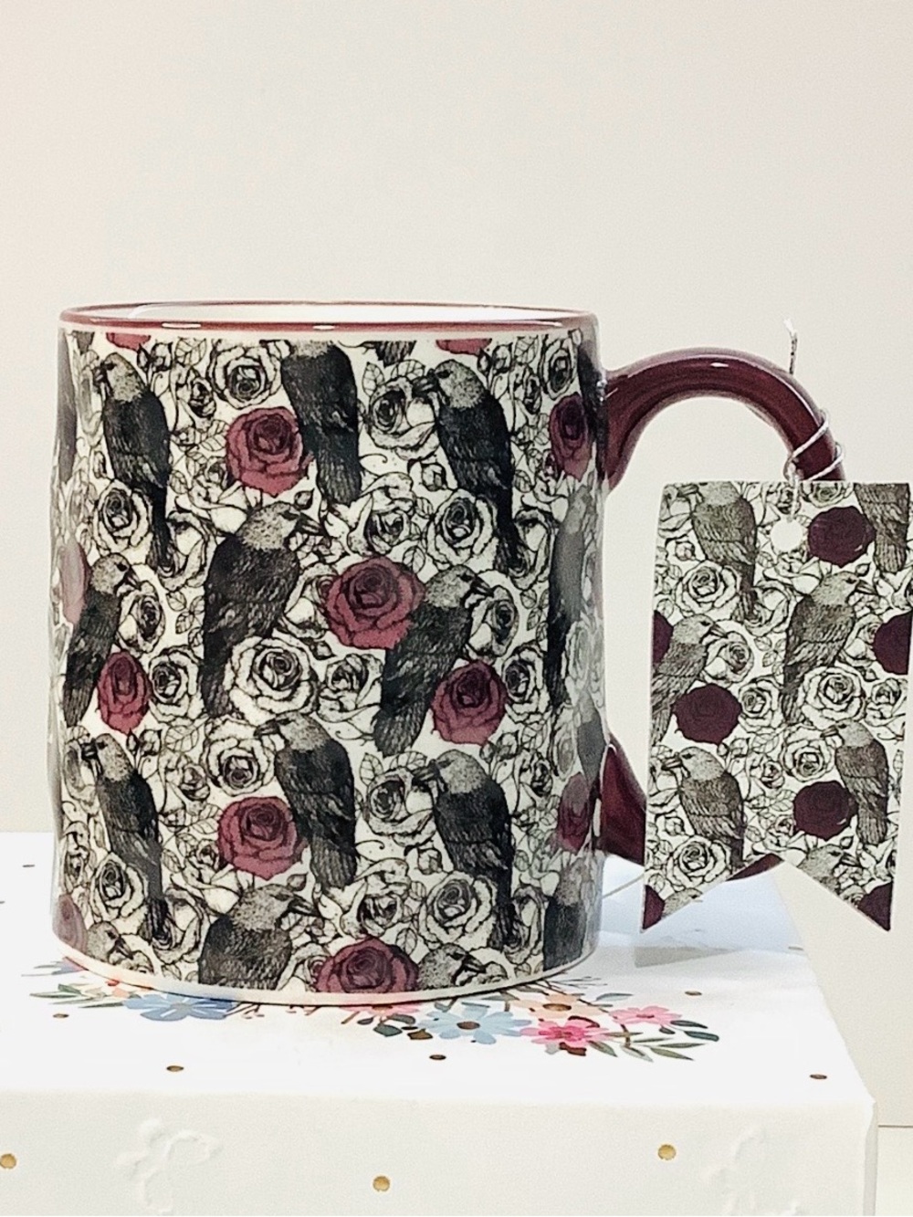 10 Strawberry Street Floral & Raven Ceramic Mug in Deep Burgundy , NWT